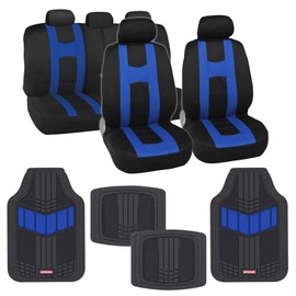 BDK AutoSport Modern Blue Car Seat Covers Full Set with Matching Set of Heavy Duty Rubber Car Floor Mats All Weather - Interior Front & Rear Car Seat Protector & Floor Mats for Car, SUV, & Trucks