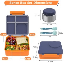 Bento Lunch Box Set for Kids with 8oz Soup Thermo, Leak-Proof Lunch Containers with 4 Compartment, Thermo Hot Food Jar and Insulated Lunch Bag for Kids to School (Navy Blue)