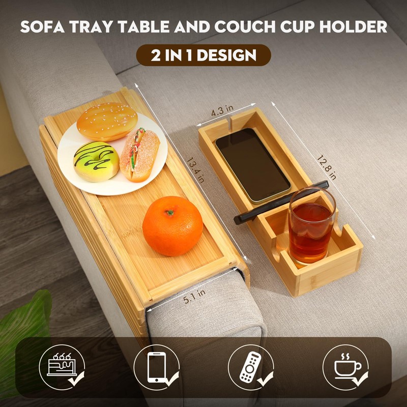 Bamboo Couch Arm Tray with Detachable Cup Holder, 2 in