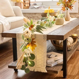 Valery Madelyn Fall Garland for Mantel, Hanging Pumpkins Garlands with Eucalyptus Leaves for Table Centerpiece (White Green, 5 Feet)