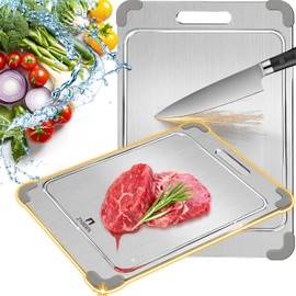 Tabla de cortar de titanio 100% puro con ranuras, tabla de cortar de titanio de doble cara, tablas de cortar de silicona antideslizantes de acero inoxidable para cocina, 8 x 12, gris