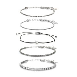 Winssigma Dainty Gold Chain Bracelets Set for Women, Silver Stackable Bracelets Gold Layered Bracelets Trendy Jewelry (Silver CZ)