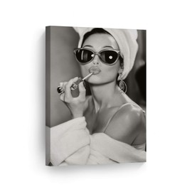 Audrey Hepburn Wall Art Canvas Print Lipstick Makeup Iconic Pop Art Pretty Beauty Black and White Wall Art Living Room Bedroom Wall Decor Vintage Artwork Ready to Hang Made in USA - 12x8