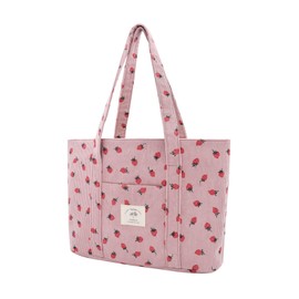 Women's Corduroy Large Handbag Tote Bag Shopper with Zip for Books Travel Everyday School Work Shopping, Pinkstrawberry