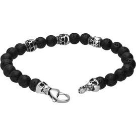 FILANGO Lava Stone Ball Bracelet Skull Head Lobster Clasp Men Women Jewellery Black Silver, Surgical steel, 0