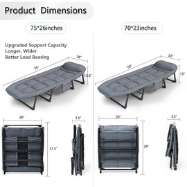 Sleeping Cots for Adults 6 Positions, Portable & Foldable Bed with Mattress and Pillow, Heavy Duty Sturdy Frame for Camp, Home - Color: Grey 70.8 inch
