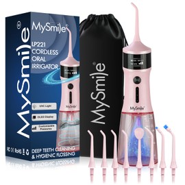 MySmile LP221 UVC Sterilizable Cordless Water Flossers for Teeth 335ML Portable OLED Display Dental Flosser with 4 Modes 8 Jet Tips and a Storage Pouch for Home and Travel (Juicy Pink)