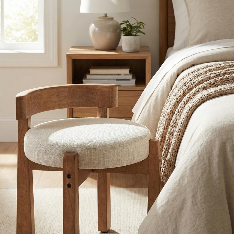 HNY Modern Linen Ottoman- Low-Back Makeup Seat & Lounge Footrest