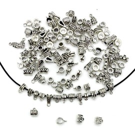 JIALEEY 125 Piece Mixed Antique Tibetan Silver Bail Tube Beads, Bail Beads, Spacer Bead, Bead Hanger Fit Charm European Bracelet Pendant Jewelry Making