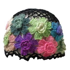 Crochet Beanie Hat for Women Men Y2k Floral Boho Knitted Beanie Cotton Flower Patterned Slouchy Skull Cap Lace Head Wrap Black