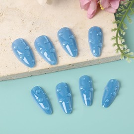 24Pcs 3D Press on Nails Medium Almond Fake Nails Glossy Blue Glue on Nails Cute False Nail Tips with Water Drop Designs Almond Shape Acrylic Press ons Full Cover Artificial Stick on Nails for Women