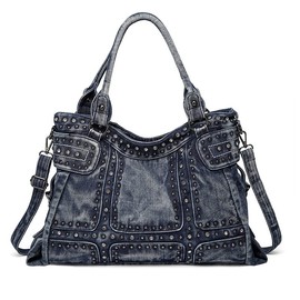 Retro Denim Hobo Bag for Women Large Capacity Jeans y2k Handbag Shoulder Bag Rivet Punk Style Crossbody Bag (Blue)