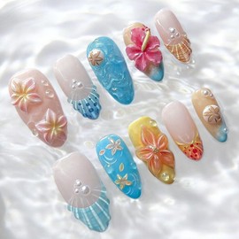 30Pcs 3D Flower Press on Nails Medium Almond French Tip Fake Nails with Pearl Rhinestones Hawaiian Flowers Acrylic Nails Fall False Nail Tips Summer Beach Floral Stick on Nails for Women Nail Designs