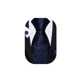 Barry.Wang Navy Blue Men Ties Silk Paisley Handkerchief Cufflink Neckties Formal