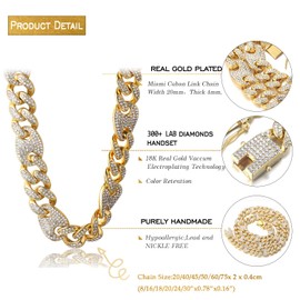 Halukakah Gold Chain for Men Iced Out,13MM Men's Cuban Link Chain Miami 18k Real Gold Plated Choker Necklace 18",Full Cz Diamond Cut Prong Set,Gift for Him, Metal, Cubic Zirconia