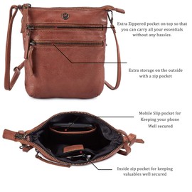Cochoa Small Triple Zip Real Leather Women's Crossbody- Premium Vintage Crossover Shoulder Sling Bag (Cognac)