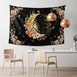 Wesluin Floral Plants Tapestry Sun And Moon Tapestry Retro Botanical Flowers Butterfly Tapestry Black Starry Sky Wall Tapestry Vintage Boho Aesthetic Tapestry Wall Hanging For Bedroom 60x40 Inch