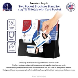 Marketing Holders 2 Pack Dual Brochure Holder for 4.25" Trifolds with 3.5" x 2" Business Card Pocket Black Acrylic Retail Checkout Counter Display