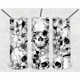 SupBo 20oz Skinny Tumbler With Lid and Straw，Gifts for Woman，Mom Birthday Gifts，Travel Mug For Friends, Stainless Steel, Double Wall, Vacuum Sealed Travel Mug (Skulls And Flower)