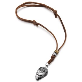 Wolf Head Pendant Necklace, Mens Leather Cord Necklace, Viking Norse, Adjustable Brown Leather Cord(CA)