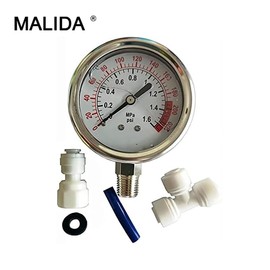 Malida Stainless Water Pressure Test Gauge, Water Pressure Detector for Aquarium Meter 0-1.6MPa 0-220psi Reverse Osmosis System Pump with 1/4.