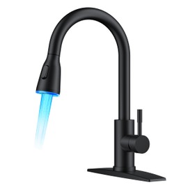 FORIOUS LED Kitchen Faucet with Pull Down Sprayer, Black Single Handle Stainless Steel Traditional Sink Faucets with LED Light Sprayer Head, Suitable for Farmhouse Laundry Camper Rv Bar