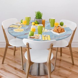 hongjinglin Round Tablecloth with Elastic Edge Blue Art Marble Fitted Circle Table Cover wipeable Round Table Cloth for Indoor Outdoor Patio Dining Kitchen Decor for 45"-50" Tables