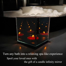 Infinity Mirror Tea Light Candle Holder 1 Slot with Electric Flameless Compatible Design - Glass Reflective Centerpiece with Wooden Base for Events & Weddings - Decorative Votive Light Box