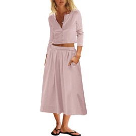 Panadila Womens 2 Piece Lounge Sets Matching Vacation Outfits Ribbed Button Down Cardigan and Elastic Waist Skirt Sets (Pale Pink,S)