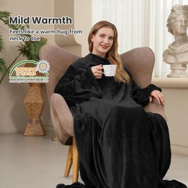 Winthome Portable Cuddly Blanket with Sleeves, Extra Soft TV Blanket, Sleeve Blanket, Lounge Blanket, Portable Full Body Blanket with Sleeves, Super Gift (Black, 140 x 170 cm)