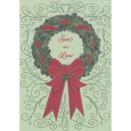 Designer Greetings Large Green Wreath Laced With Red Ribbon on Light Green Christmas Card for Son-in-Law