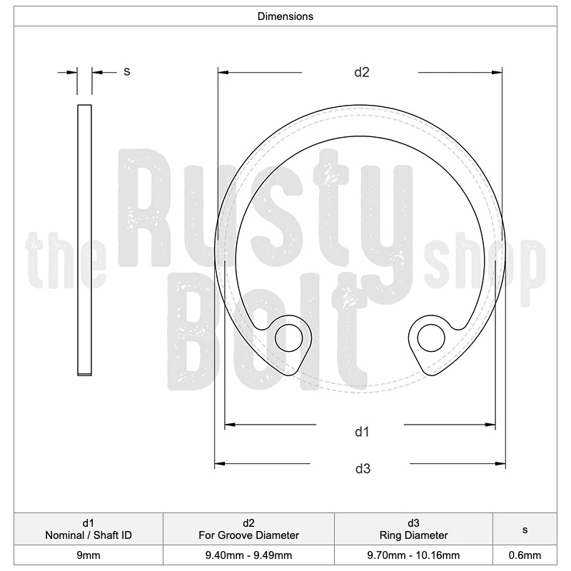 The Rusty Bolt Shop 9mm, Internal Circlip, Stainless Steel, Retaining