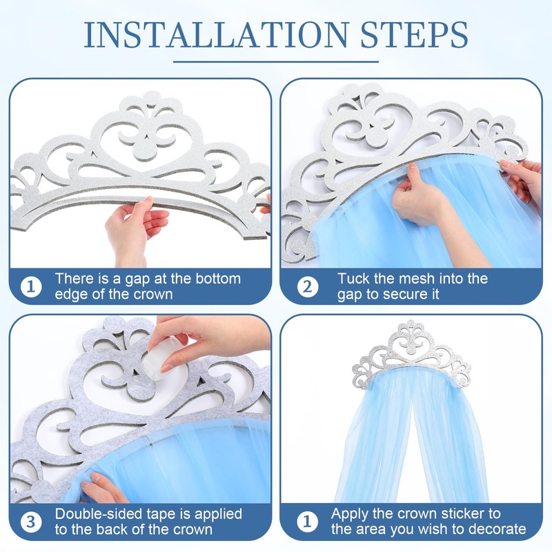 Blue 3 Pcs Princess Party Decor, Glitter Felt Crown, 2.5x8ft