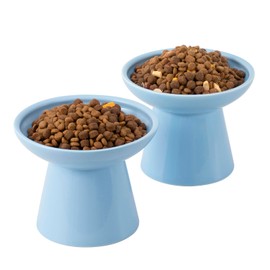 CEEFU Extra Wide Elevated Ceramic Cat Bowl, 6.2" Shallow Dish for Whisker Fatigue Relief, 5" Height for Easy Feeding, Durable Raised Cat Food Bowls, Pack of 2, Blue