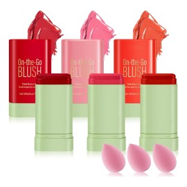 3pcs Maquillaje Colorete En Barra Labios Y Mejillas +esponja