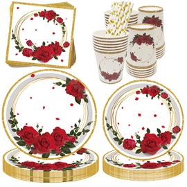 100 Piece Birthday Party Tableware Set, 20 Guests Rose Plate Set, Flower Birthday Tableware, Rose Plate Cup, Rose Party Supplies for Wedding, Engagement, Anniversary, Birthday