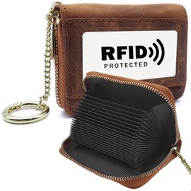 RFID Blocking Credit Card Holder, 20 Card Slots Large Capacity Accordion Card Wallet, Leather Card Case with Removable Keychain and ID Window - Bee Skin,Brown