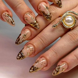 24Pcs Gold French Tip Press on Nails Short Almond Fake Nails 3D Gold Irregularity Design Nude Full Cover Glue on Nails Star Moon Stick on Nails Chrome False Nails for Women Acrylic Manicure Salon DIY