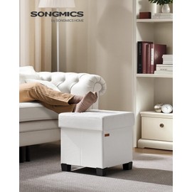 SONGMICS Storage Ottoman, Cube Ottoman with Legs, 15 x 15 x 15.7 Inches, Footstool, Footrest, 10 Gal. (37 L), Synthetic Leather, for Bedroom, Living Room, Dorm, Cloud White ULSF0512W02