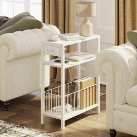TRIFEBLE Narrow Side Table with Charging Station, Small End Table for Small Spaces, Slim Nightstand with Storage Basket, 3 Tier Skinny Bedside Table for Living Room, Bedroom, White
