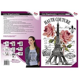Colour iron-on transfer, DIN A4, filigree without background, decorate textiles such as T-shirts and bags with iron-on motifs, quick and easy to iron on, nostalgia series, DIY textile design (Eiffel Tower)