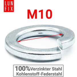 Lun Fix Spring washers M10 DIN 127, pack of 10, galvanised steel, spiral spring washer, spring washer shape B, spring washers for screws, threaded rod, spring lock washers with rectangular cross