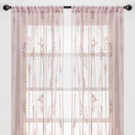 Chanasya Premium Embroidered Dusty Pink Sheer Curtain 2 Panels Set - Botanical Floral Leaf Pattern Textured Drapes with Rod Pocket - for Bedroom Kitchen Window 108 Inches Length Curtain - Rose Dust