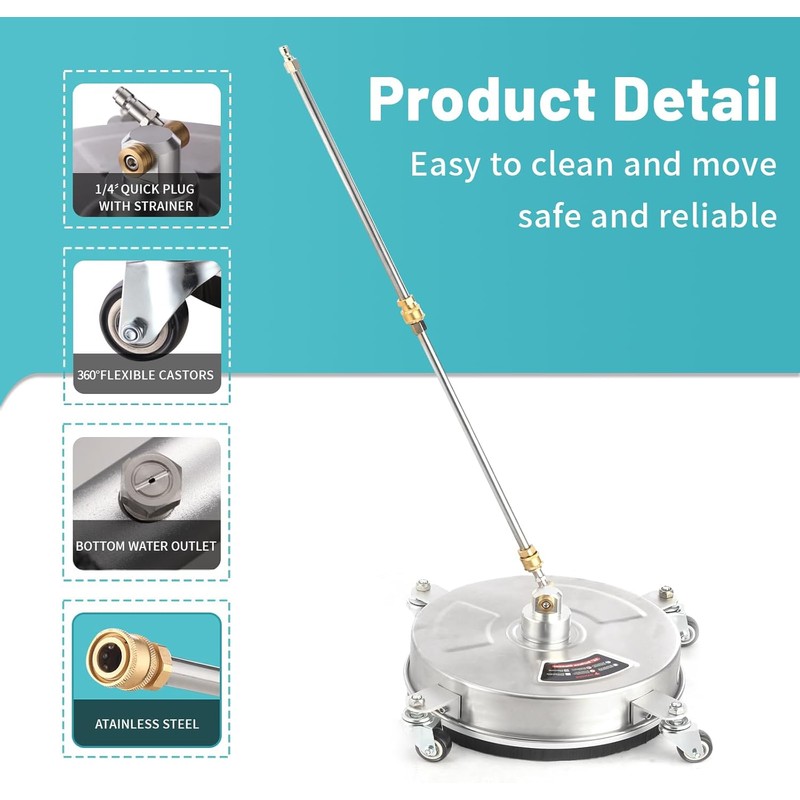 14" Pressure Washer Surface Cleaner with 4 Wheels - Stainless