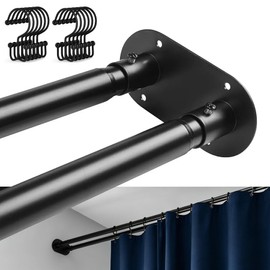 Yivioep Black Double Shower Curtain Rod - Adjustable 28-76 Inch Shower Rods for Bathroom Walls,Set with 12pcs Rustproof Steel Matching Hooks. Suitable for Bathtubs, Laundry, Kitchens & Room Dividers