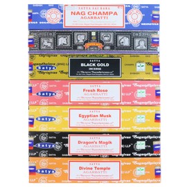 Satya Incense Sticks Gift Set, 7 Scents, Nag Champa, Super Hit, Dragon's Blood, Sandalwood, Patchouli, Lavender, Positive Vibes, 15g Each (Healing Mix)