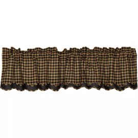 VHC New Primitive Rustic Homespun TAN & BLACK CHECKED Layered Curtain Valance Lined