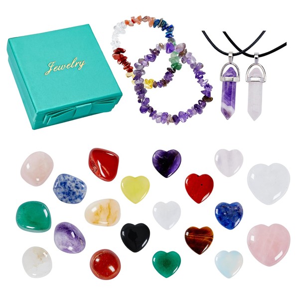 Set of 24 Crystal Healing Stones Chakra Stones Gemstones Healing Crystals Set with Crystal Necklaces, Bracelets for Meditation, Chakra, Reiki, Energy Balancing, DIY, Crafts, Home Decoration