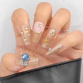 Sethexy Gold Long Ballerina Press On Nails Rhinestone Glitter Handmade False Nails Hand-painted Glossy Fake Nail Acrylic Luxury Salon Quality for Women and Girls 20PCS (G)