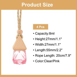 uxcell 4pcs Hanging Car Air Freshener Perfume Bottle, 8ml Pendant Empty Clear/Pink Glass Essential Oil Aromatherapy Diffuser with Wooden Cap for Car Decor (Clear/Pink, Rhombus)